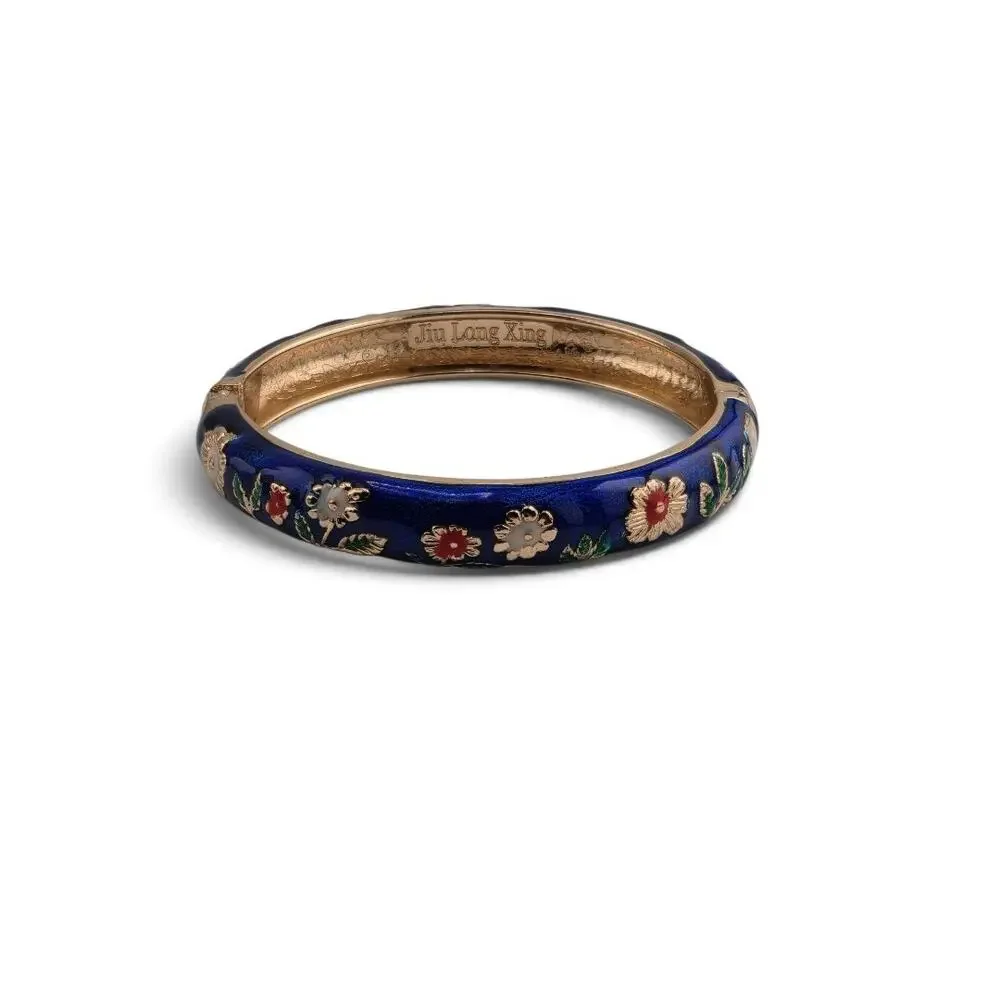 Jiu Long Xing Blue Enamel Floral Hinged Bangle Bracelet Gold Tone Signed